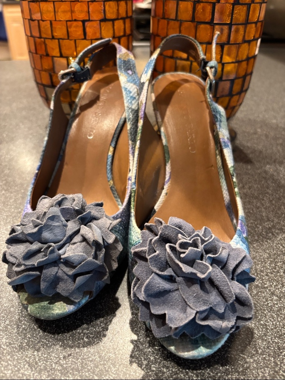 Franco Sarto Blue Floral Appliqué Slingback Mules